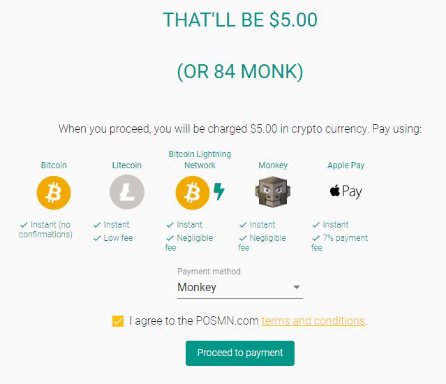 Monkey Hosting Payment for 5 Tokens